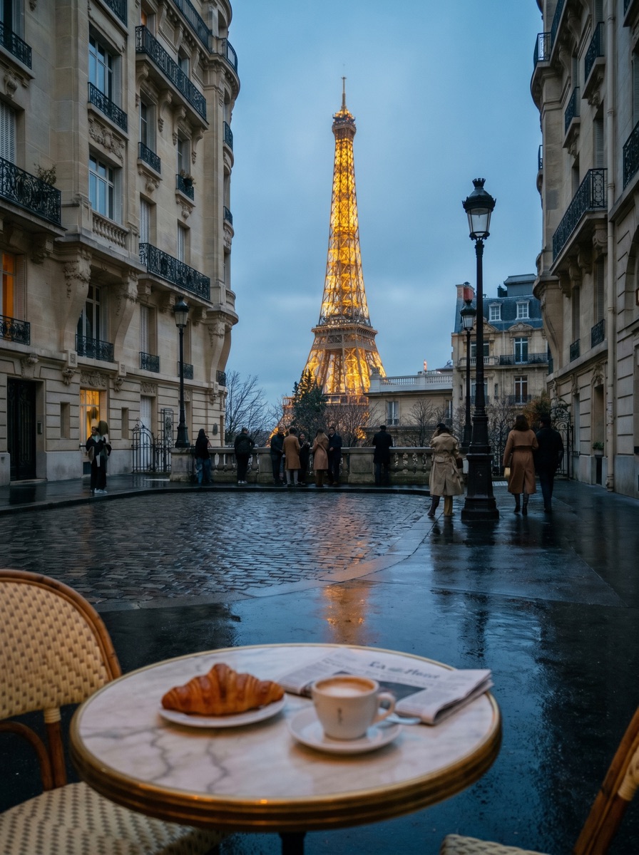 Café parisiense com Torre Eiffel