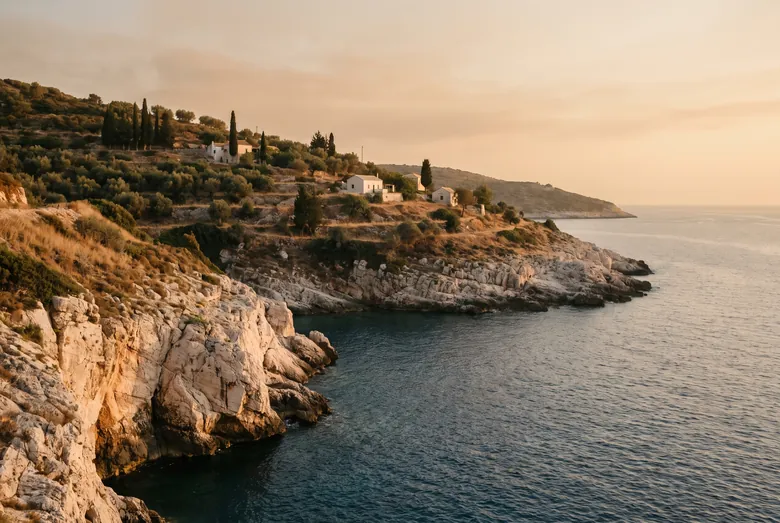 Costa mediterrânea com falésias e vilarejo ao entardecer